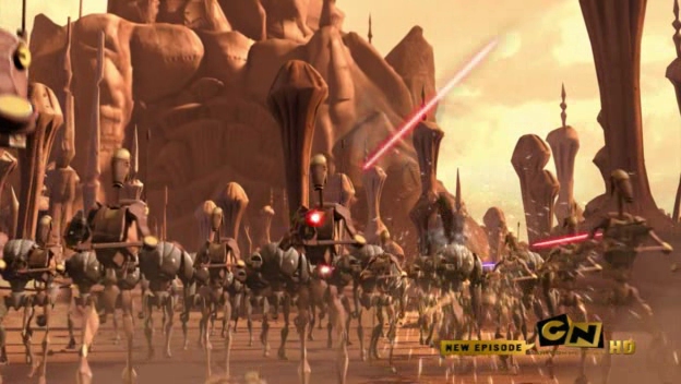 elit vörös battle droidok rohamozzák meg Luminara Undulit és Anakin Skywalkert